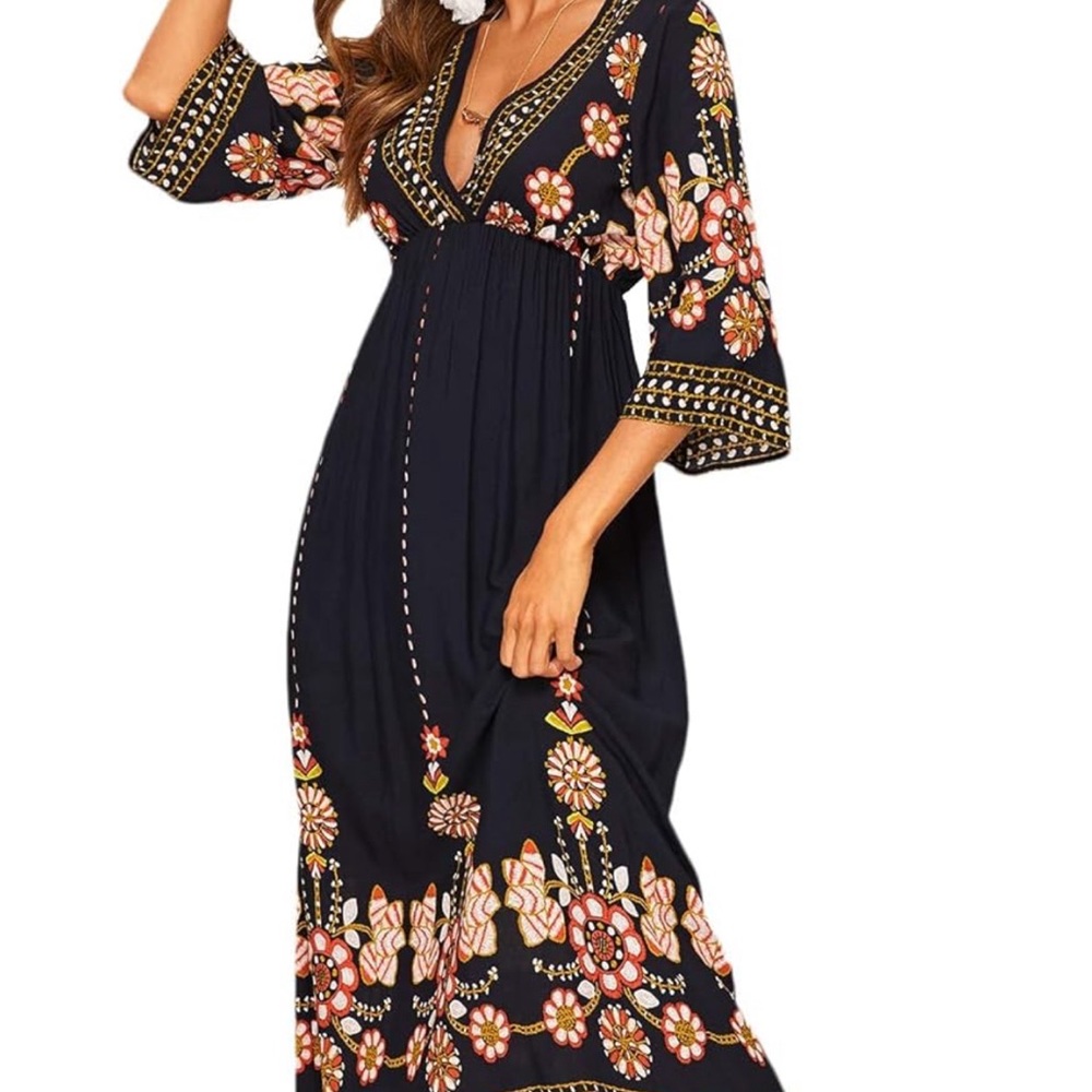 Romwe Women's Floral Print Deep V Neck 3/4 Sleeve A-Line Bohemian Dress size L
